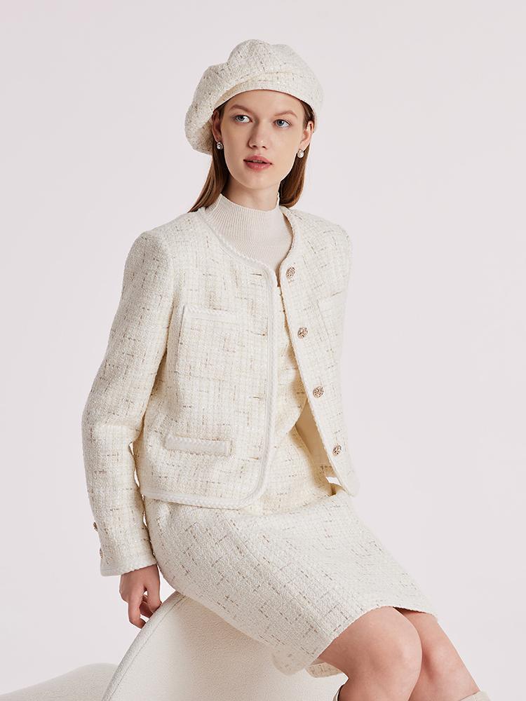 White Knitted Tweed Crop Jacket GOELIA