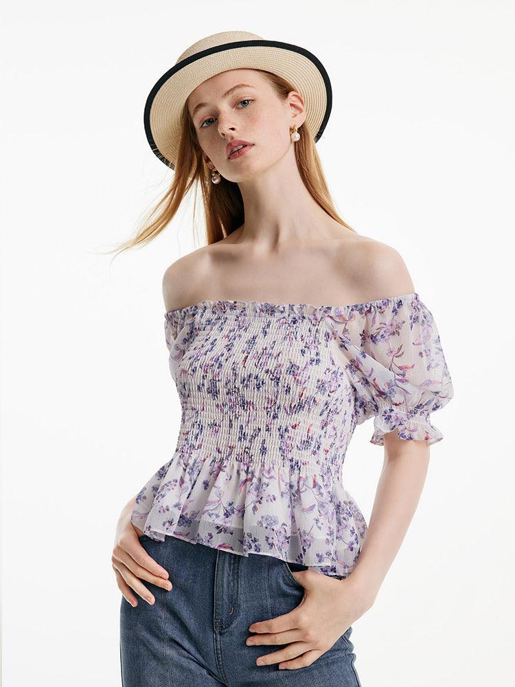 Purple Floral Off-Shoulder Ruffle Top GOELIA