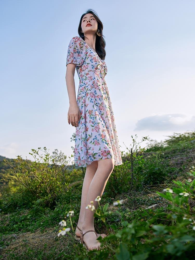 Floral Printed Square Neck Dress GOELIA