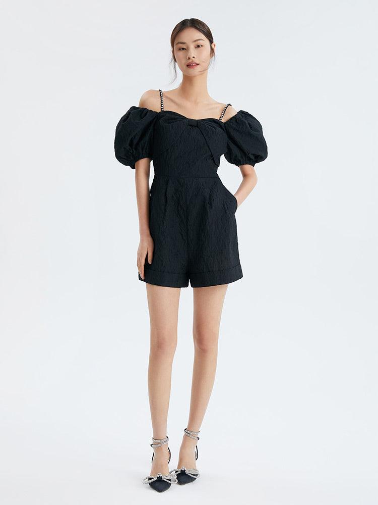 Black Bowknot Rhinestone Jacquard Romper GOELIA