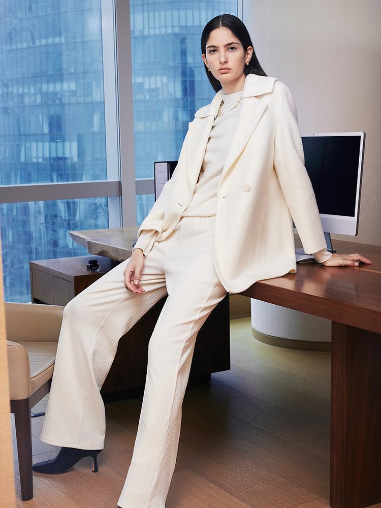 White Mid-Length Double-Faced Wool Coat With Detachable Collar GOELIA