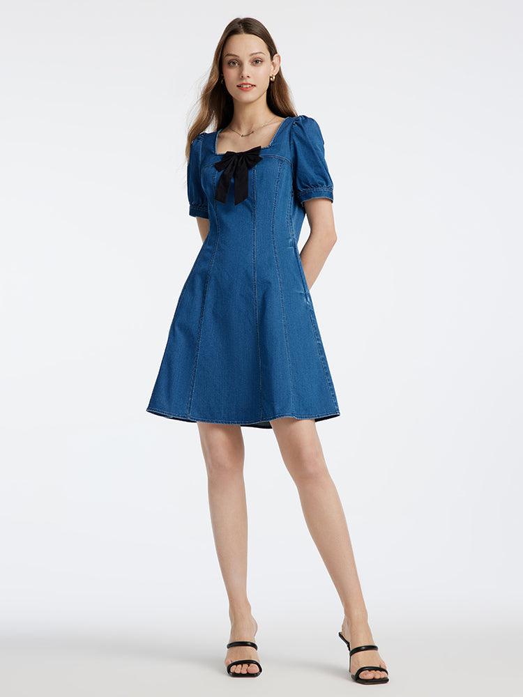 Denim Dress With Removable Bowknot GOELIA