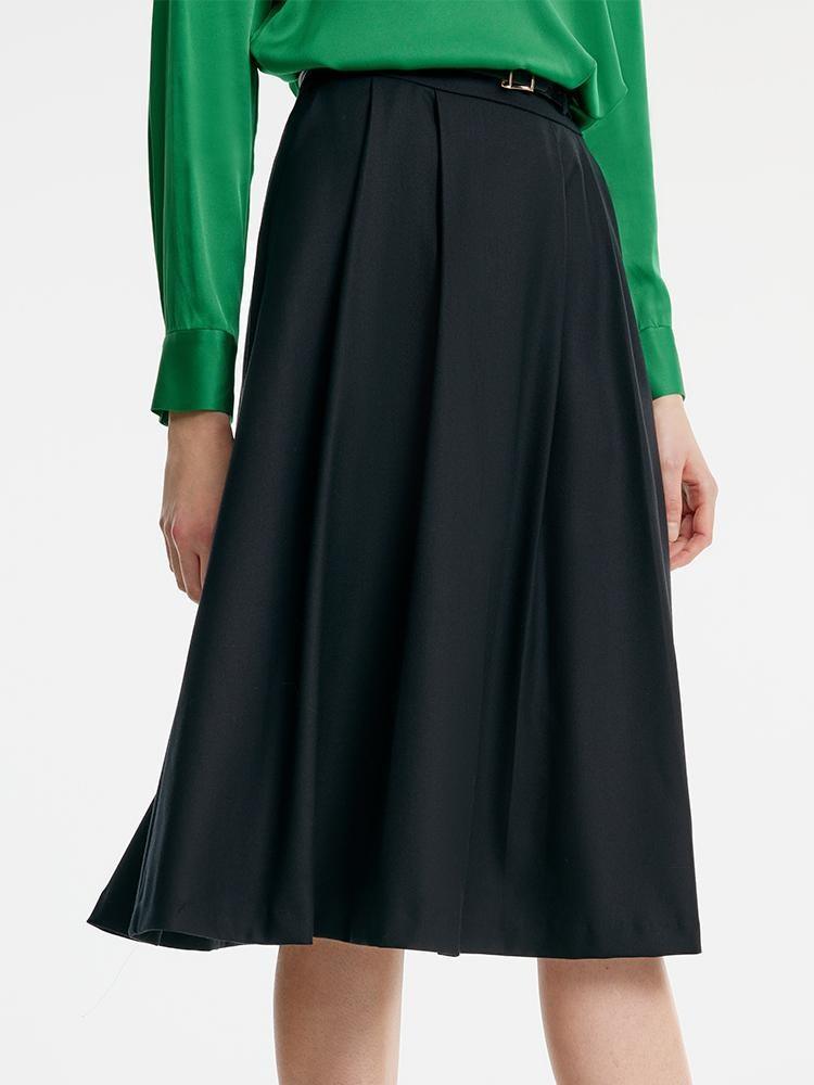 Worsted Wool A-shaped Half Skirt With Leather Belt GOELIA