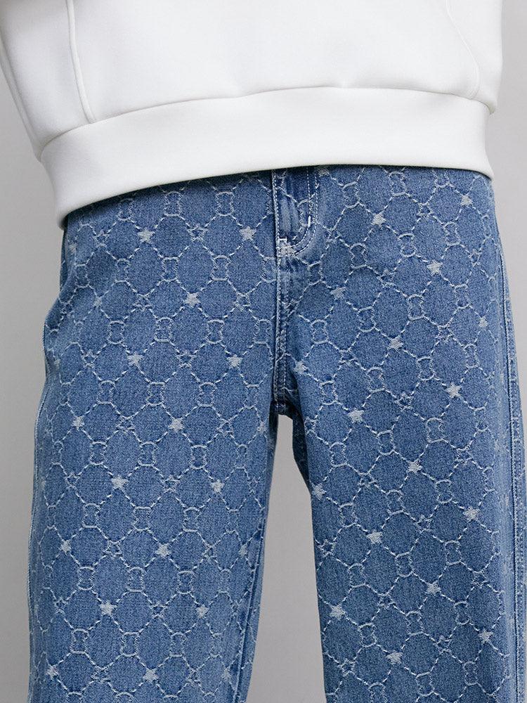 Blue Jacquard Denim Straight Leg Pants GOELIA