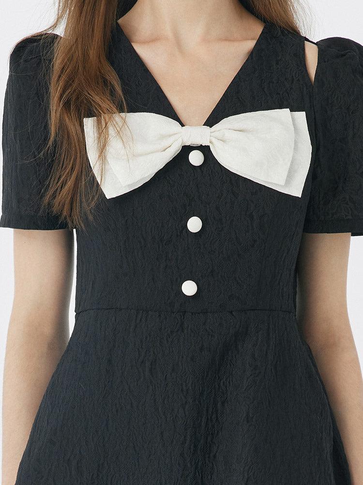 Black Detachable Bowknot Jacquard High Waist Dress GOELIA