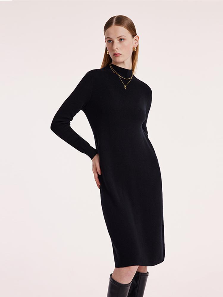 Black Pure Wool Mock Neck Knit Dress GOELIA