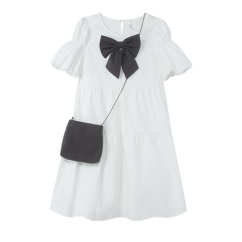 Bow Wrapped Lotus Sleeve Small White Dress GOELIA