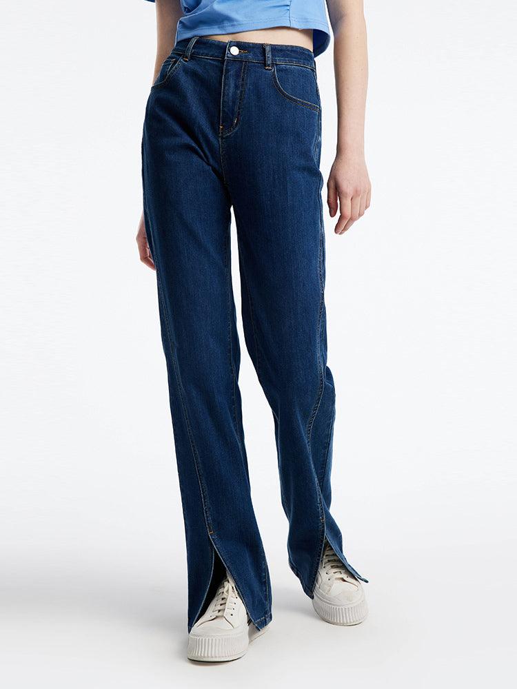 Slant Slit Denim Straight Leg Full Length Jeans GOELIA