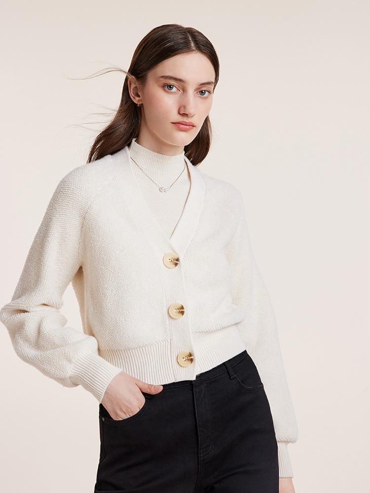 White Wool V-Neck Knit Cropped Cardigan GOELIA