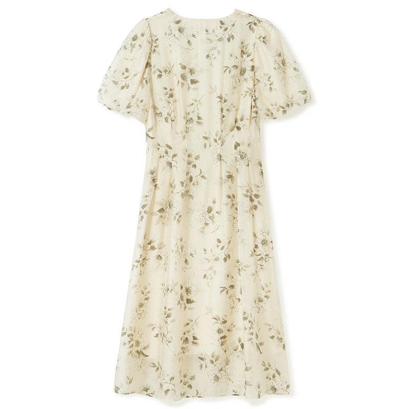 Floral Ink Painting V-Neck Waist-Skimming Dress GOELIA