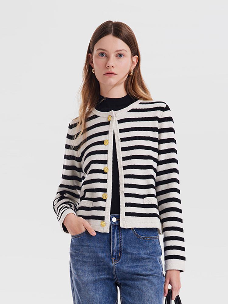 Button Up Woolen Striped Cardigan GOELIA