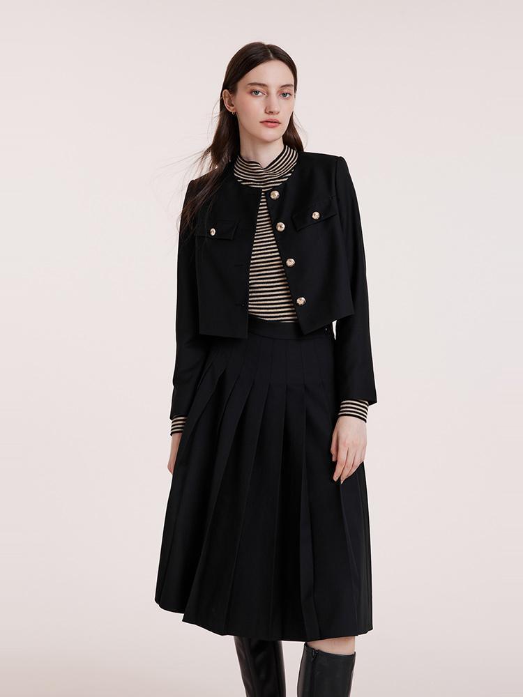 Black College Style Short Jacket And Skirt Set