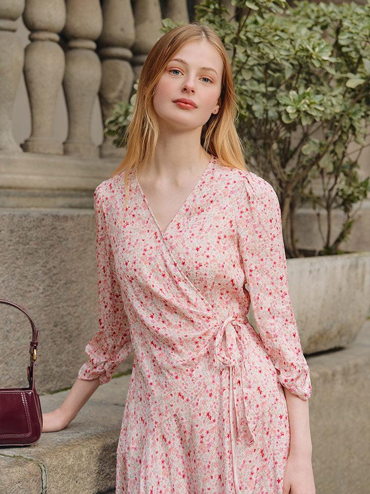 Pink Floral Hidden Button Wrap Dress GOELIA