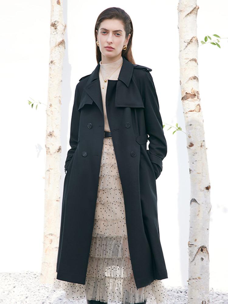 Black Worsted Wool Adjusted Slim Trench Coat GOELIA