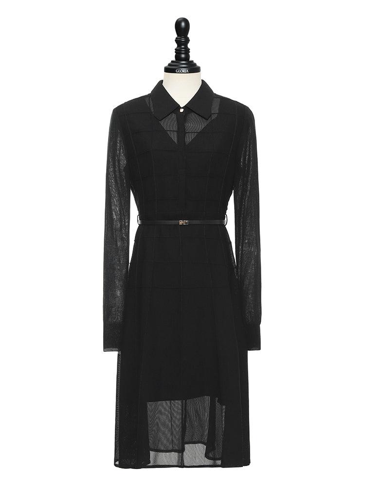 Black Triacetate Mesh Long Sleeve Dress With Belt GOELIA