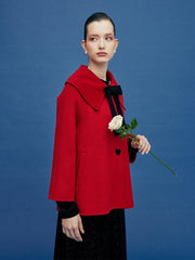 Chili Red Lapel Cape Woolen Coat GOELIA