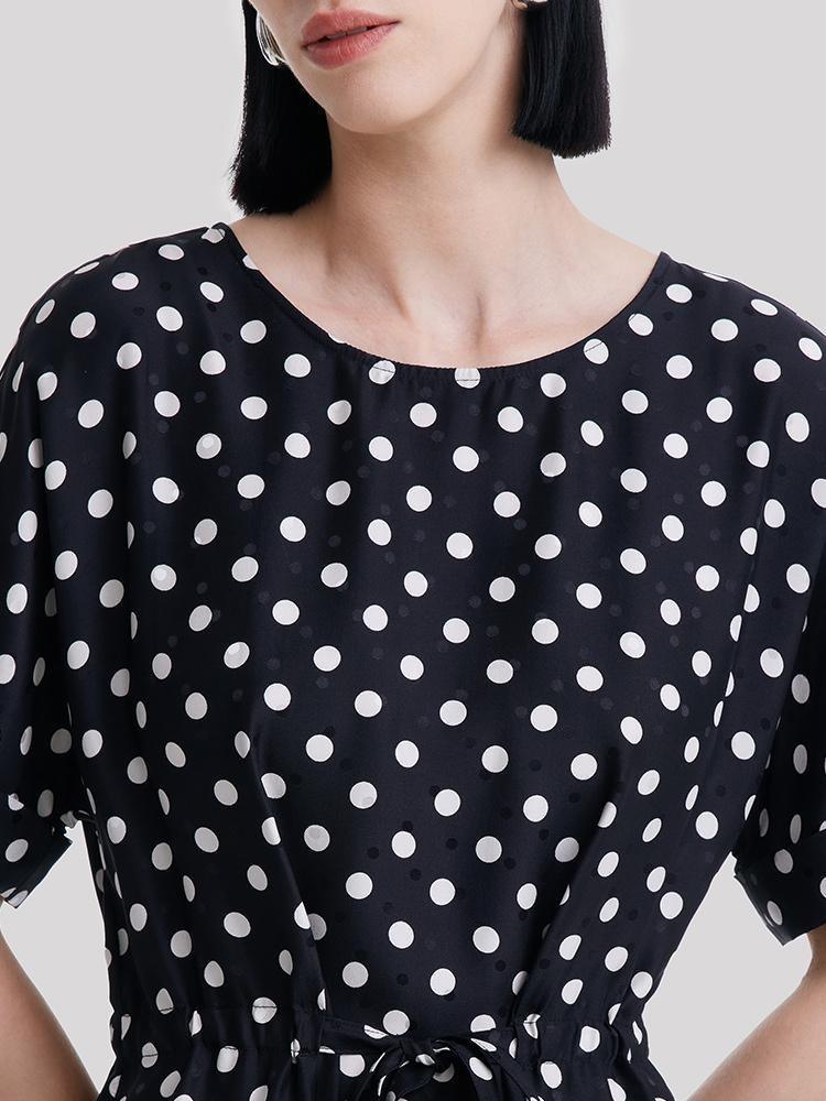 Round Neck Polka Dot Jacquard Silk Dress GOELIA