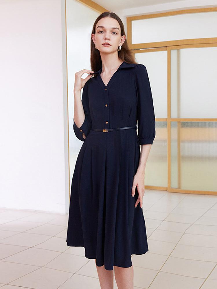 Dark Blue Flowy V-neck Dress With Belt GOELIA