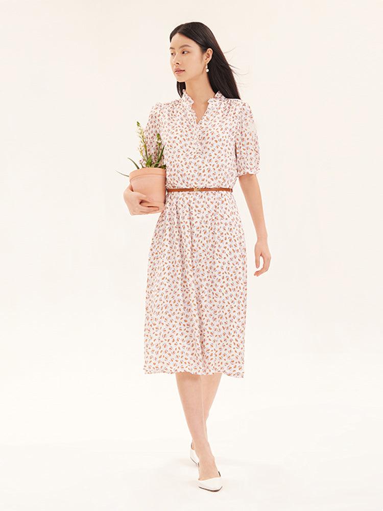 Ruffle Collar Printed Gathered Waist Dress GOELIA