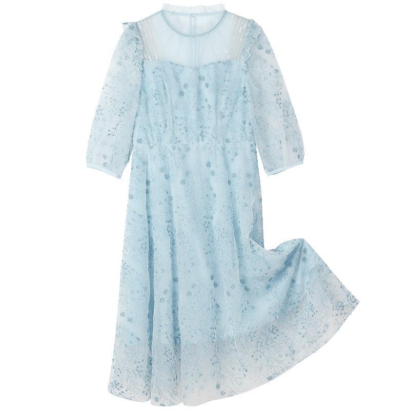 Blue See-Through Mesh Embroidered Dress GOELIA