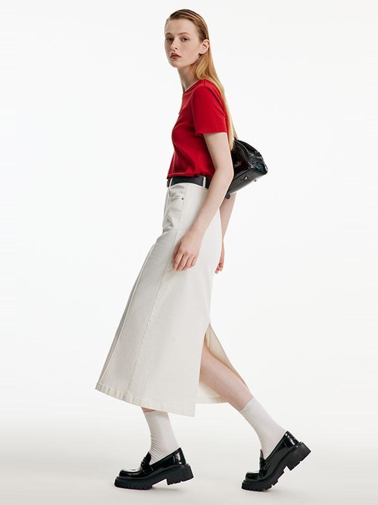 Split White Denim Long Skirt With Belt GOELIA