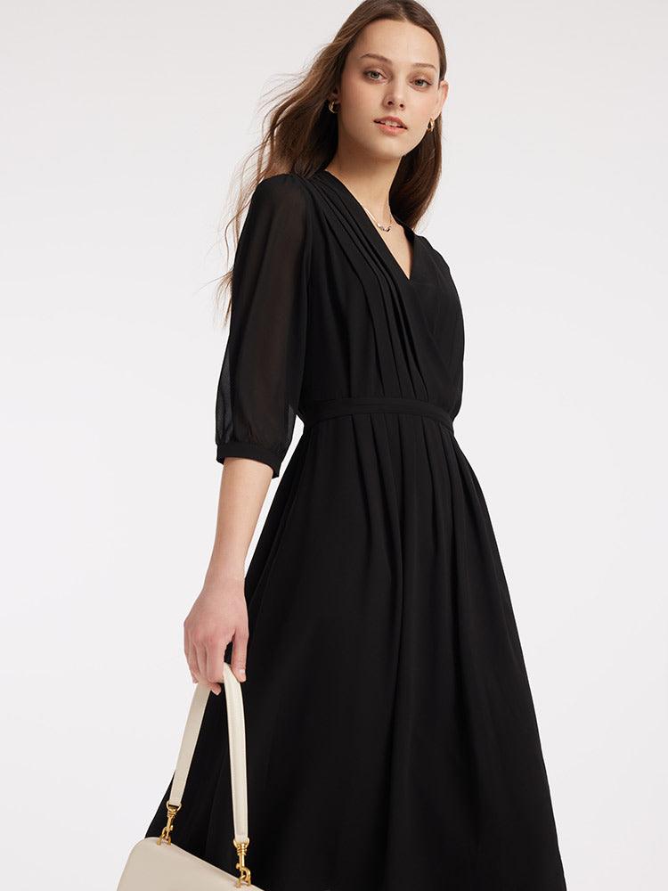 V-Neck Pleated Lace Up Wrap Dress GOELIA