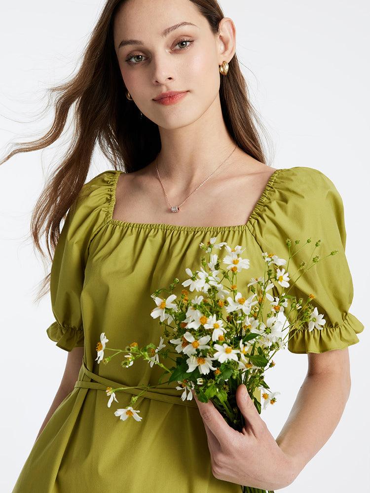 Green Princess Sleeve Square Neck Gathered Waist Midi Dress GOELIA