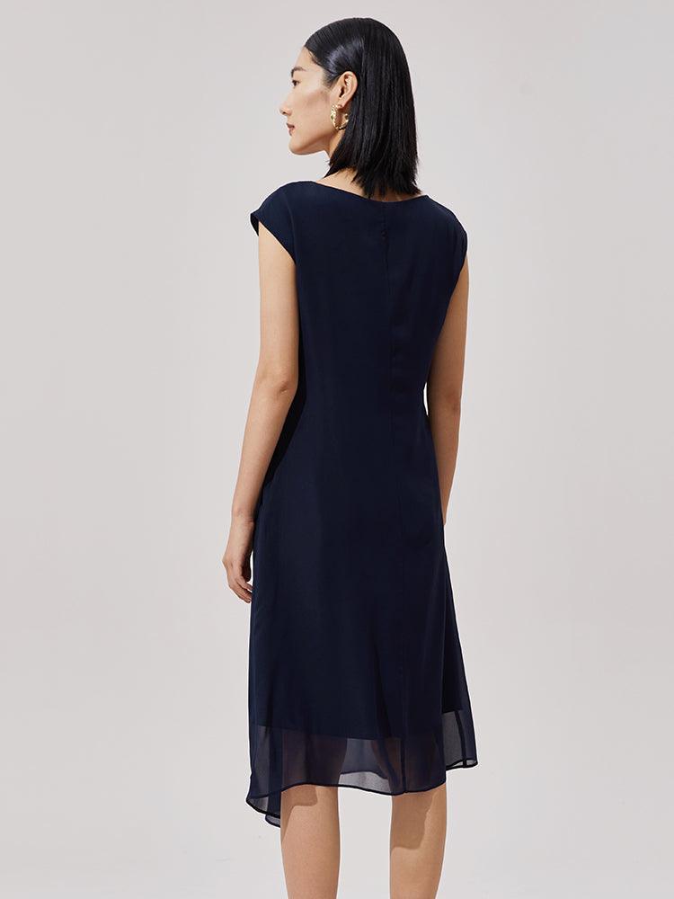 Dark Blue Silk Boat Neck Dress GOELIA