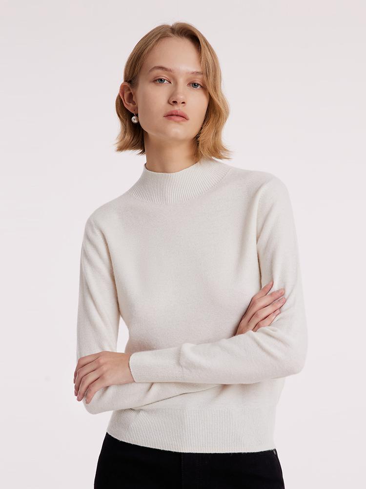 White Wool Sequins Seamless Mock Neck Sweater GOELIA