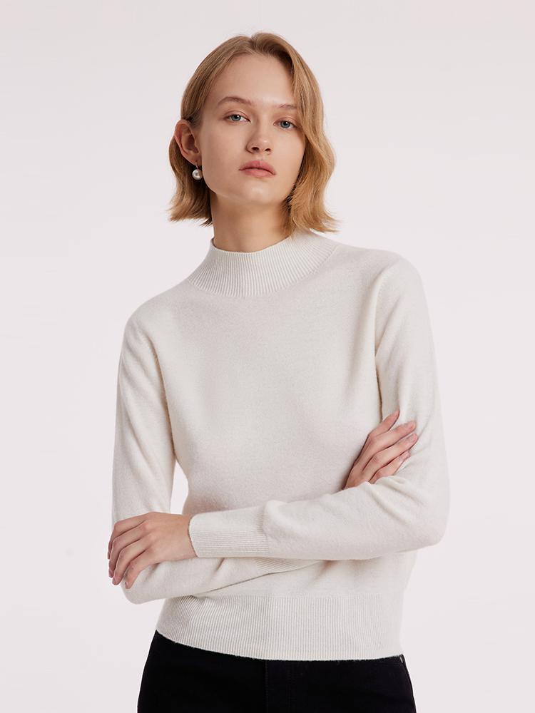 White Wool Sequins Seamless Mock Neck Sweater