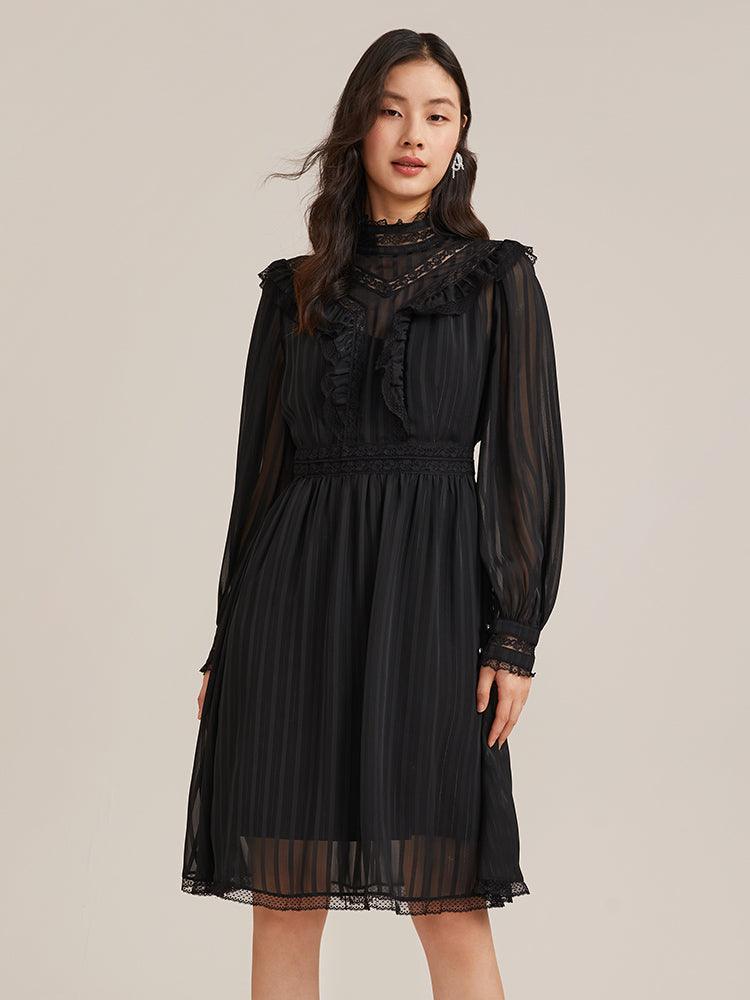 Black Hollow Long-Sleeve Flowy Dress GOELIA