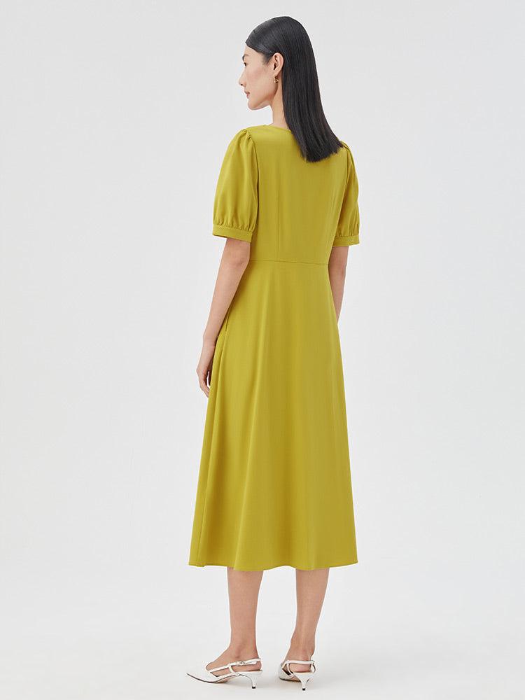 Lime yellow Square Neck Puff Sleeve Dress GOELIA