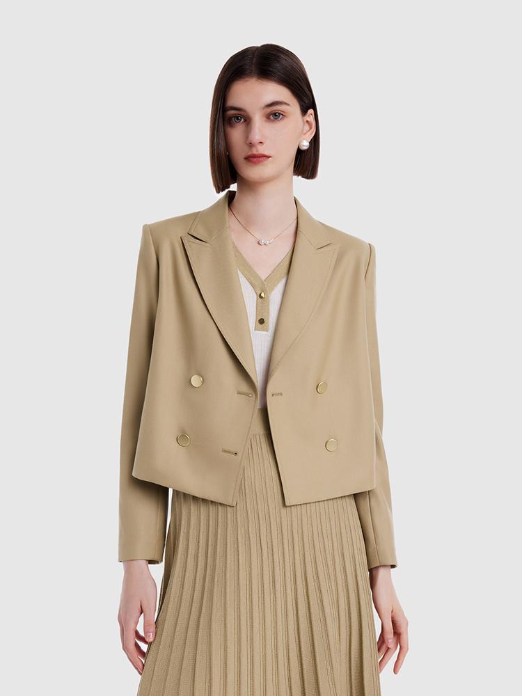Light Camel Worsted Woolen Cropped Blazer