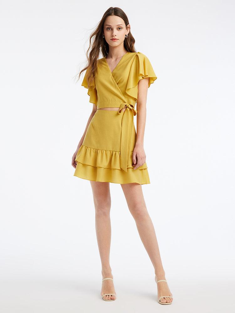 Yellow Ruffle Sleeve Two-Piece Suit GOELIA