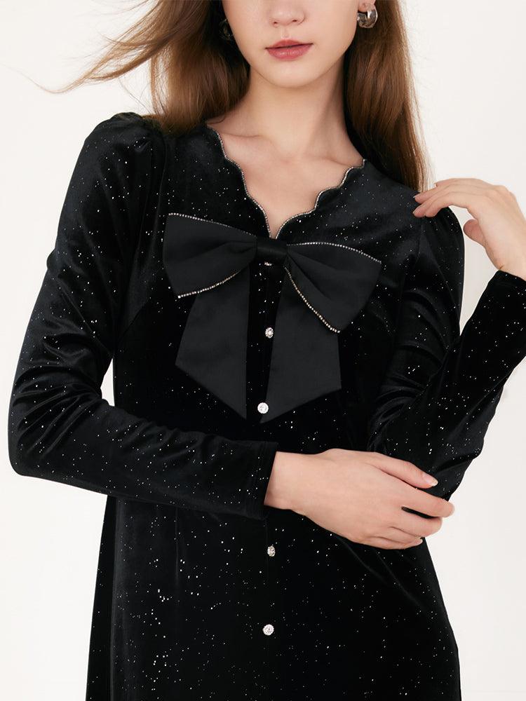 V-Neck Detachable Bowknot Velvet Dress GOELIA