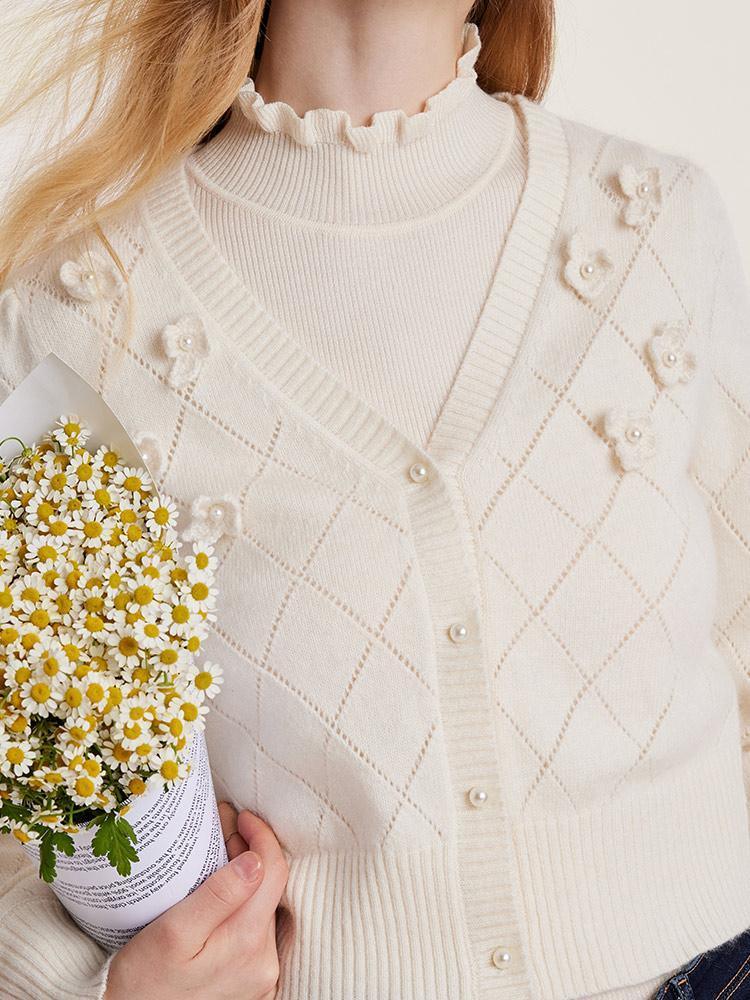 Three-dimensional Hand Crocheted Flower Pearl Cardigan GOELIA