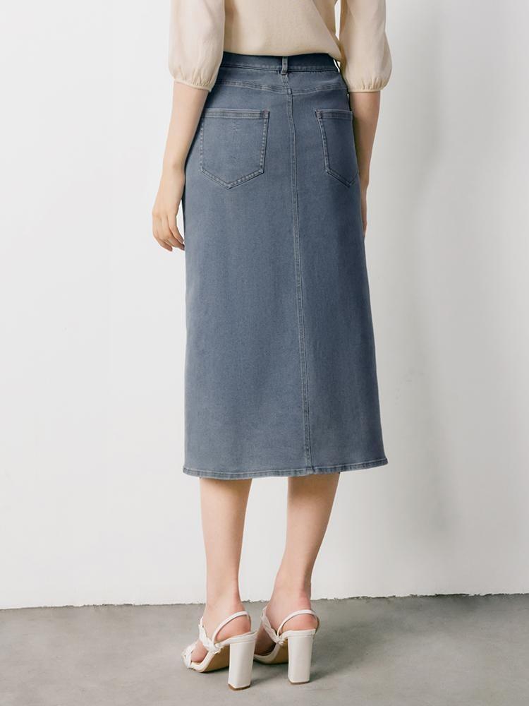 Blue High Waist Slit Denim Skirt GOELIA