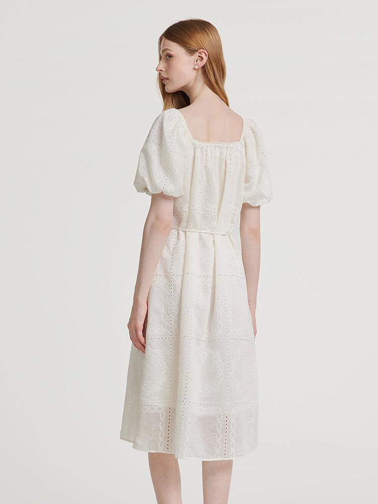 Square Neck Embroidered Dress With Belt GOELIA