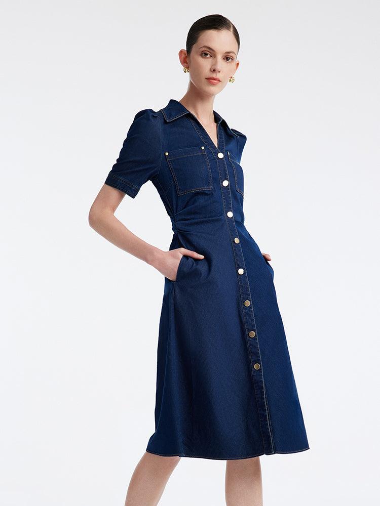 Denim Gathered Waist Pleated V-Neck Midi Dress GOELIA