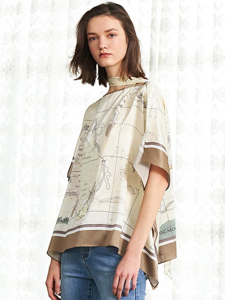 Slash Neck Map Print Silk Top GOELIA