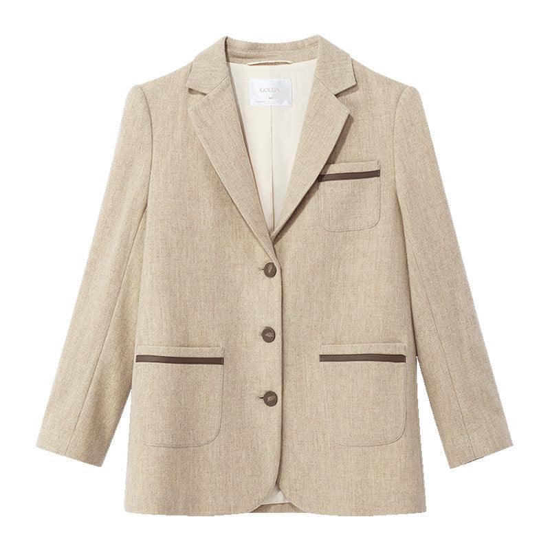 Vintage Cream Khaki & Brown Color Block Blazer GOELIA