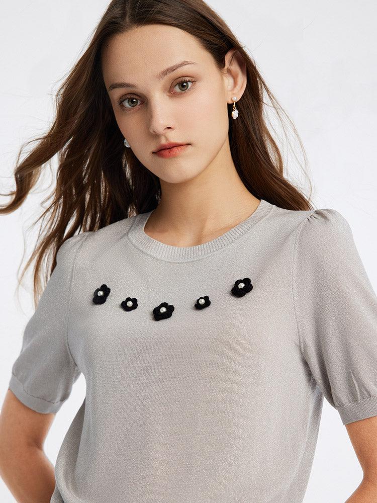 Grey Round Neck Mulberry Silk Knit Top GOELIA