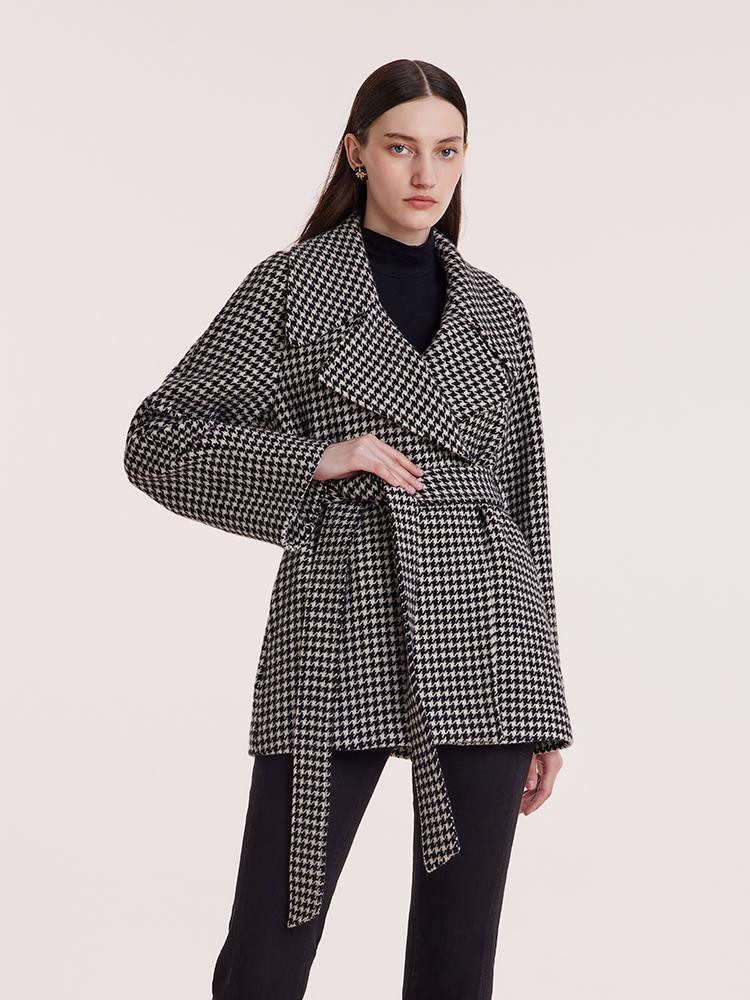 Washable Wool Houndstooth Coat With Belt GOELIA