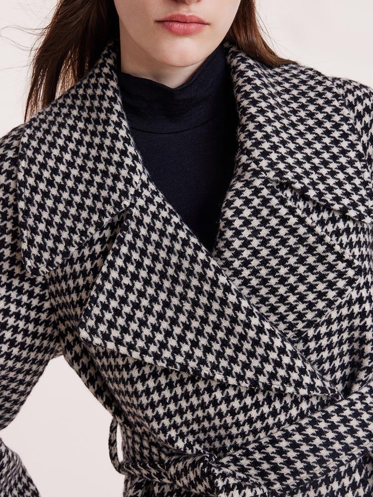 Washable Wool Houndstooth Coat With Belt GOELIA