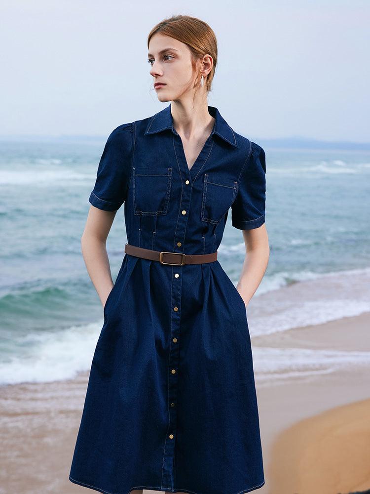 Gathered Waist Denim Dress GOELIA