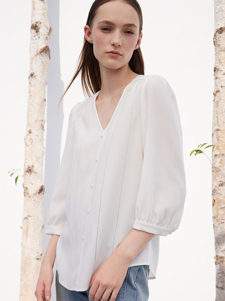 White Acetate V-neck pearl Button Blouse GOELIA