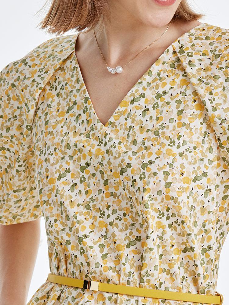 Yellow Floral Puff Sleeve Dress GOELIA