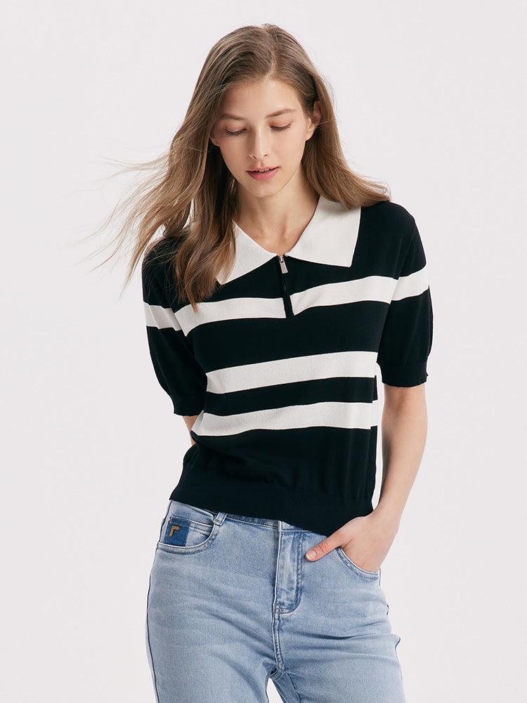 Lapel Stripe Tencel Top GOELIA