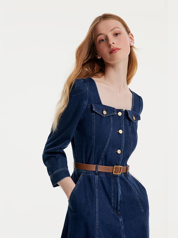 Square-neck Knit Denim Dress With Belt GOELIA