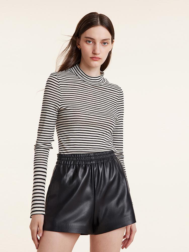 Washable Wool Striped Mock Neck Slim Sweater GOELIA